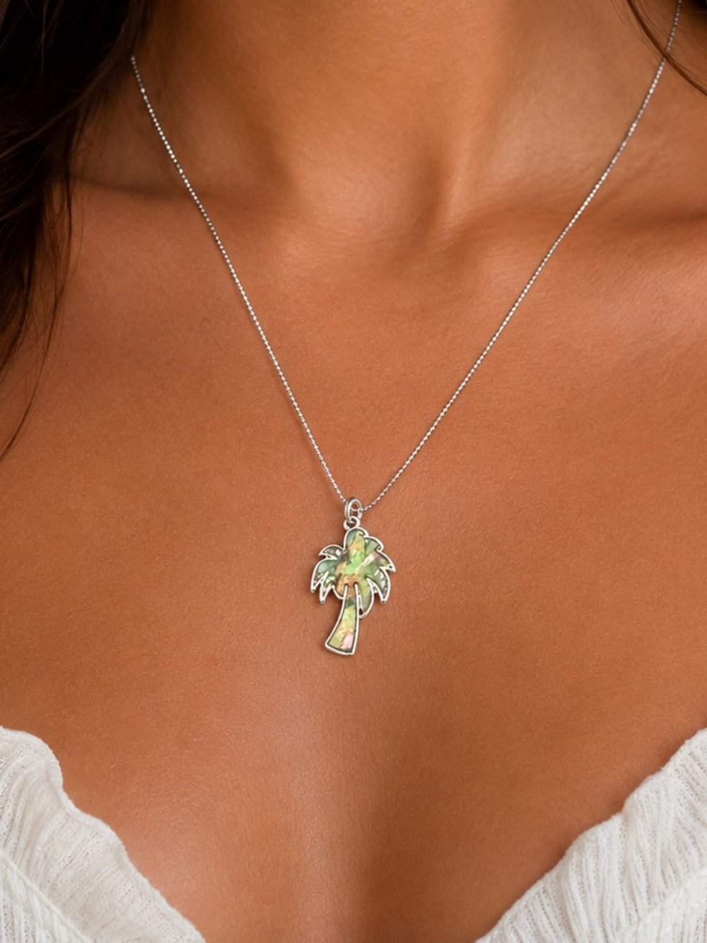 Adult Jewels Palm Tree Necklace Silver Tone Abalone Shell Pendant Beach Coastal